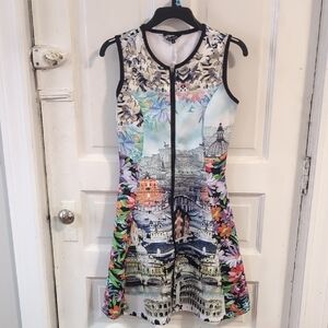 Scuba Floral and Cityscape Print Dress